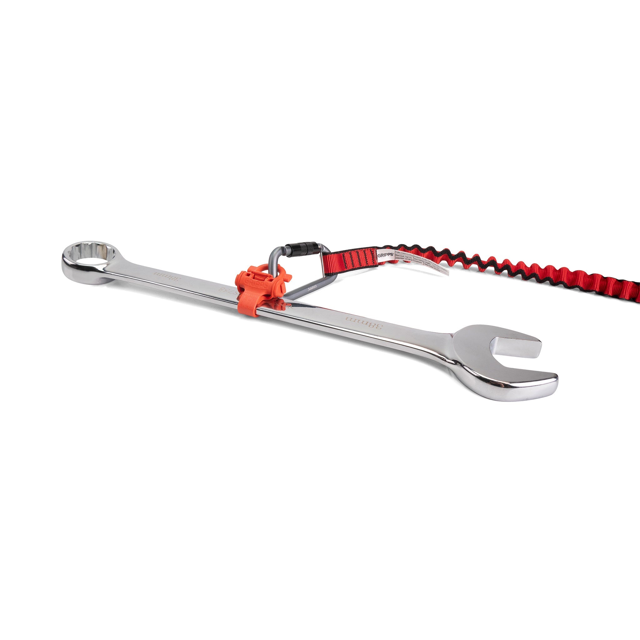 GrippTie Tool Connector Band on spanner connected to a tool connector GrippTie Tool Connector Band on spanner connected to a tool connector
