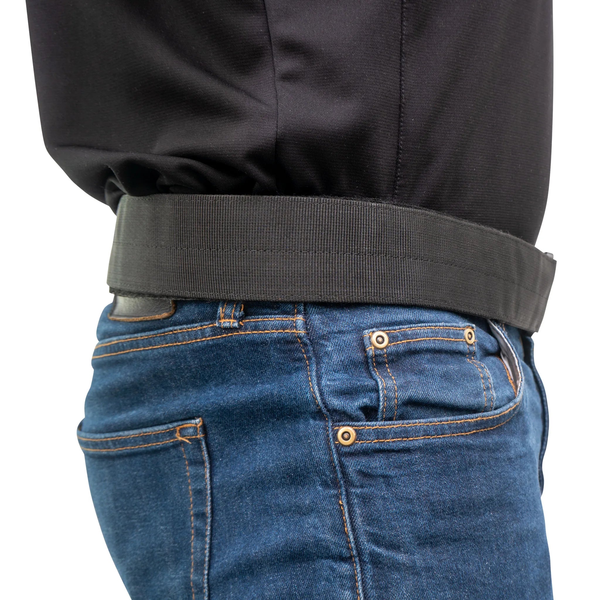 Person wearing GRIPPS Lite Belt side on showing detail of nylon webbing